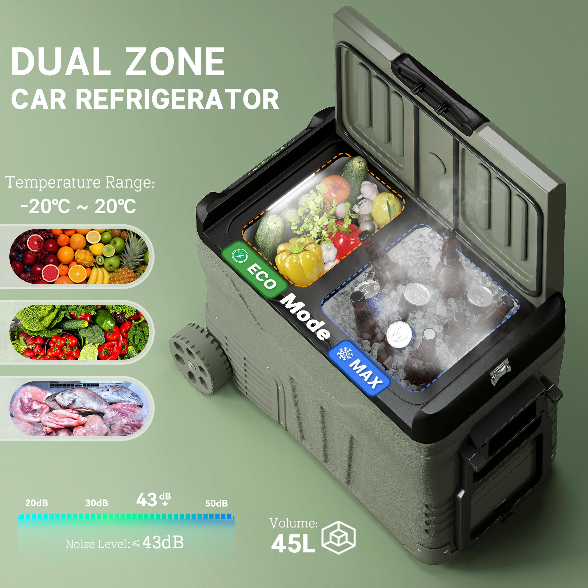 Outsunny 45L Car Fridge Freezer Dual Zone, Portable Camping Fridge 12V/24V DC & 100-240V AC, Electric Cool Box -20?-20? with Wheels and LED Light, for Travel, RV, Road Trip, Picnic