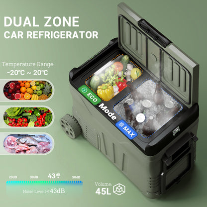 Outsunny 45L Car Fridge Freezer Dual Zone, Portable Camping Fridge 12V/24V DC & 100-240V AC, Electric Cool Box -20?-20? with Wheels and LED Light, for Travel, RV, Road Trip, Picnic