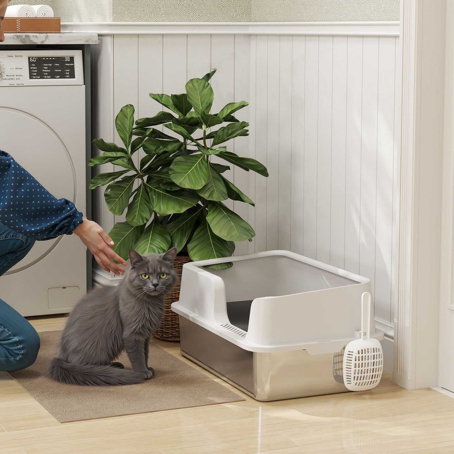 PawHut Stainless Steel Litter Box with Detachable Rim, Scoop, Easy Cleaning, Odour-Resistant, 60 x 40 x 28 cm