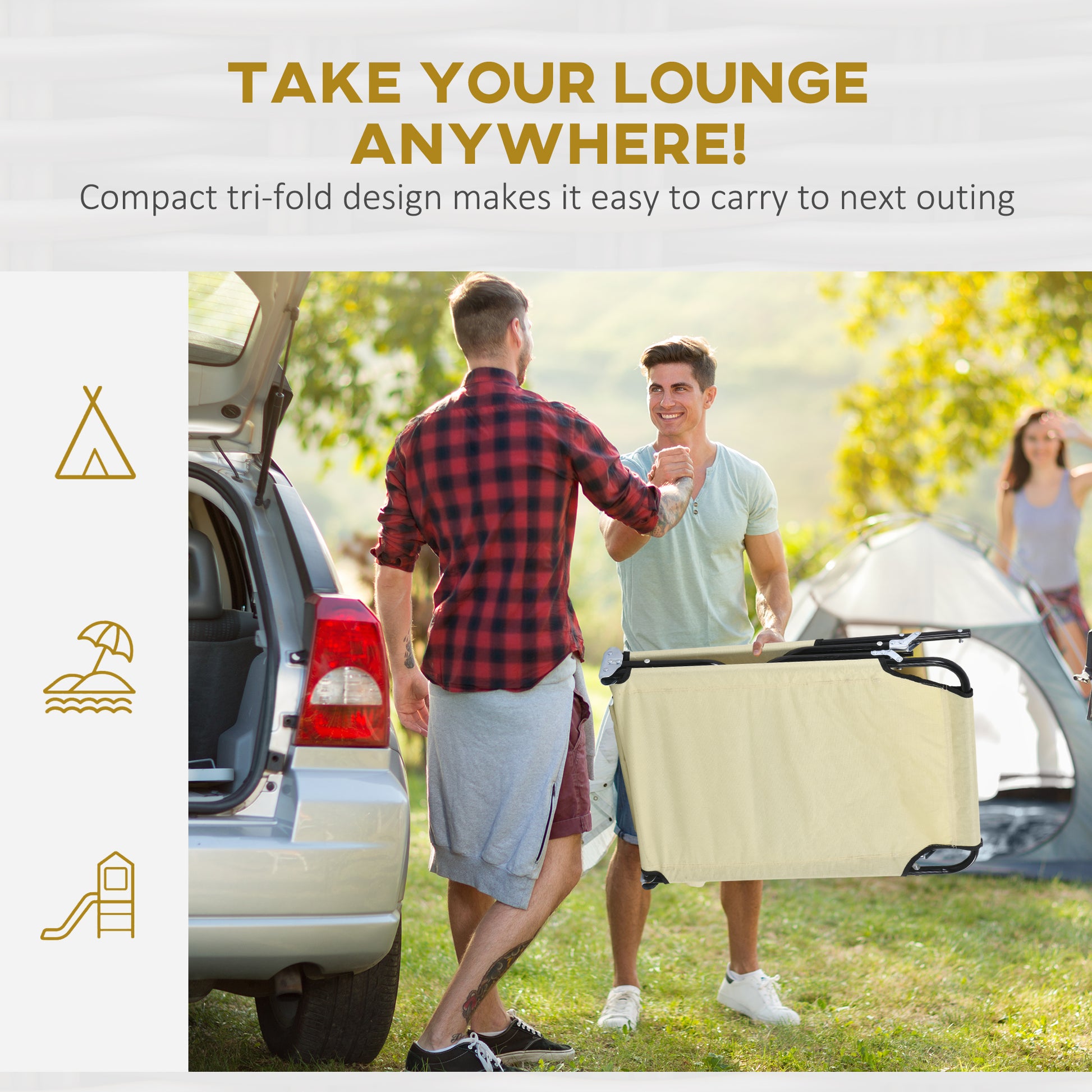 Outsunny Outdoor Folding Sun Lounger Set of 2 with Face Hole, 4 Level Adjustable Backrest Reclining Garden Lounger, Garden Recliner Sunbed with 600 D Oxford Cloth Seat and Pillow for Beach, Beige