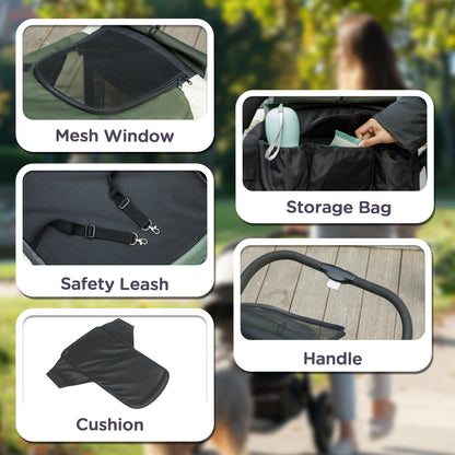 PawHut Foldable Pet Stroller for Large Dogs with Four Big Wheels, Shock-Absorbing Frame, Safety Leashes, Brakes, Dark Green