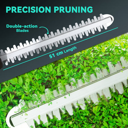 Outsunny Cordless Hedge Trimmer, Electric Hedge Cutter with 51cm Blade, Brushless Motor and 2 Batteries for Branches, Shrubs, Twigs, Blue