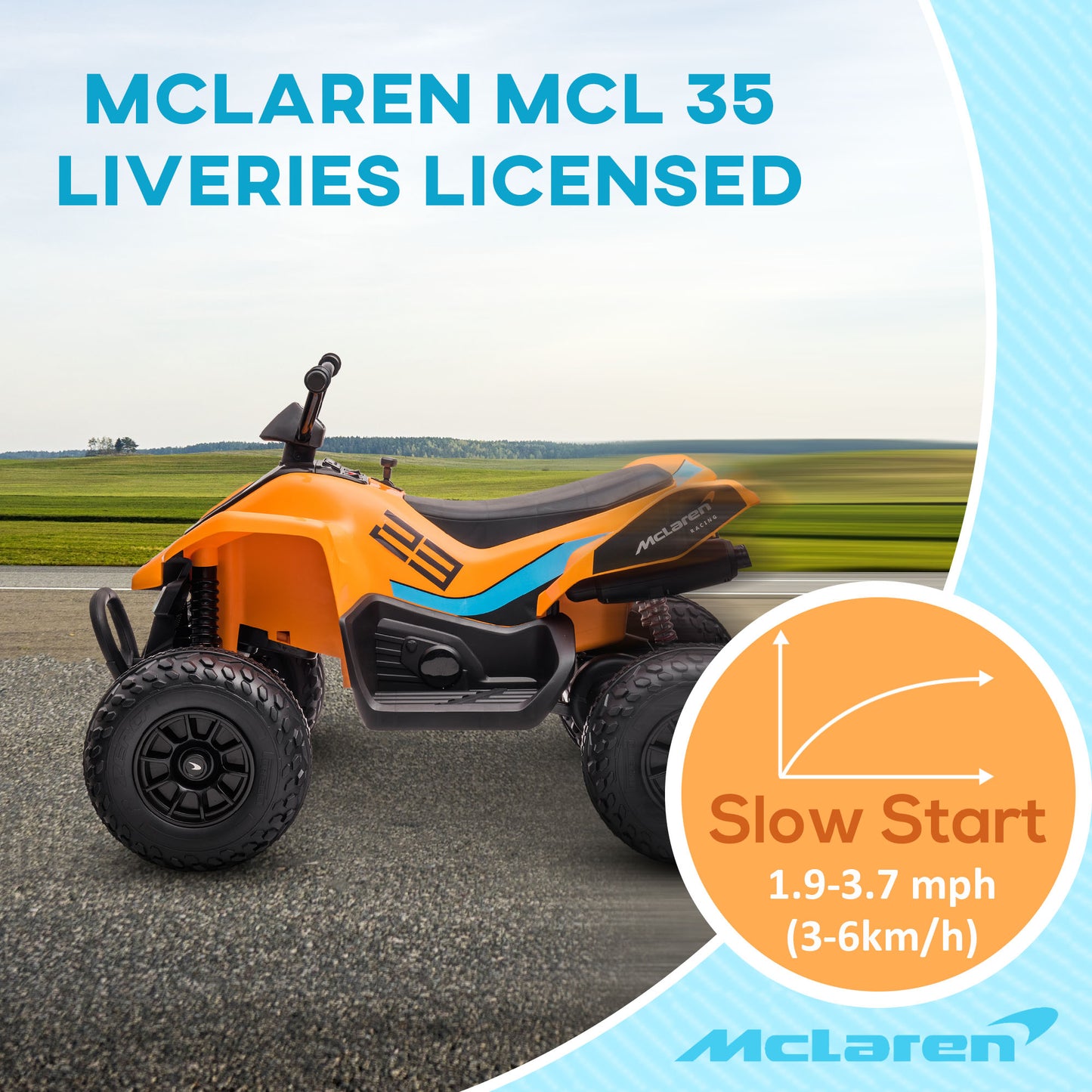 HOMCOM Mclaren Licensed 12V Quad Bike with Slow Start, Music, Headlights, MP3 Slot, Suspension Wheels, for 3-8 Years - Orange