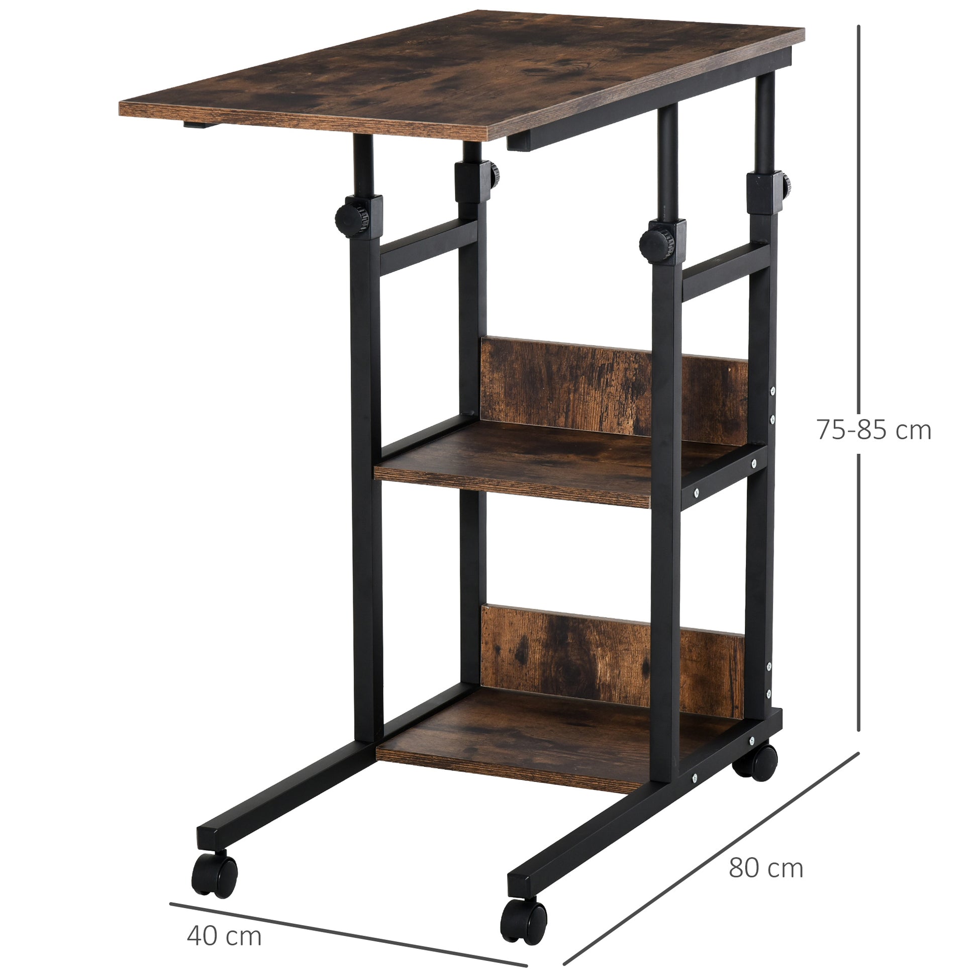 HOMCOM C-Shaped Side Table Industrial Mobile Rolling End Desk with 3-Tier Storage Shelving, Adjustable Height, Wheels