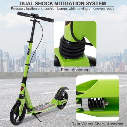 HOMCOM Teens Adult Kick Scooter Foldable Adjustable Aluminum Ride On Toy For 14+ w/ Dual Brake System, Shock Mitigation System - Green 95.5-110.5H CM