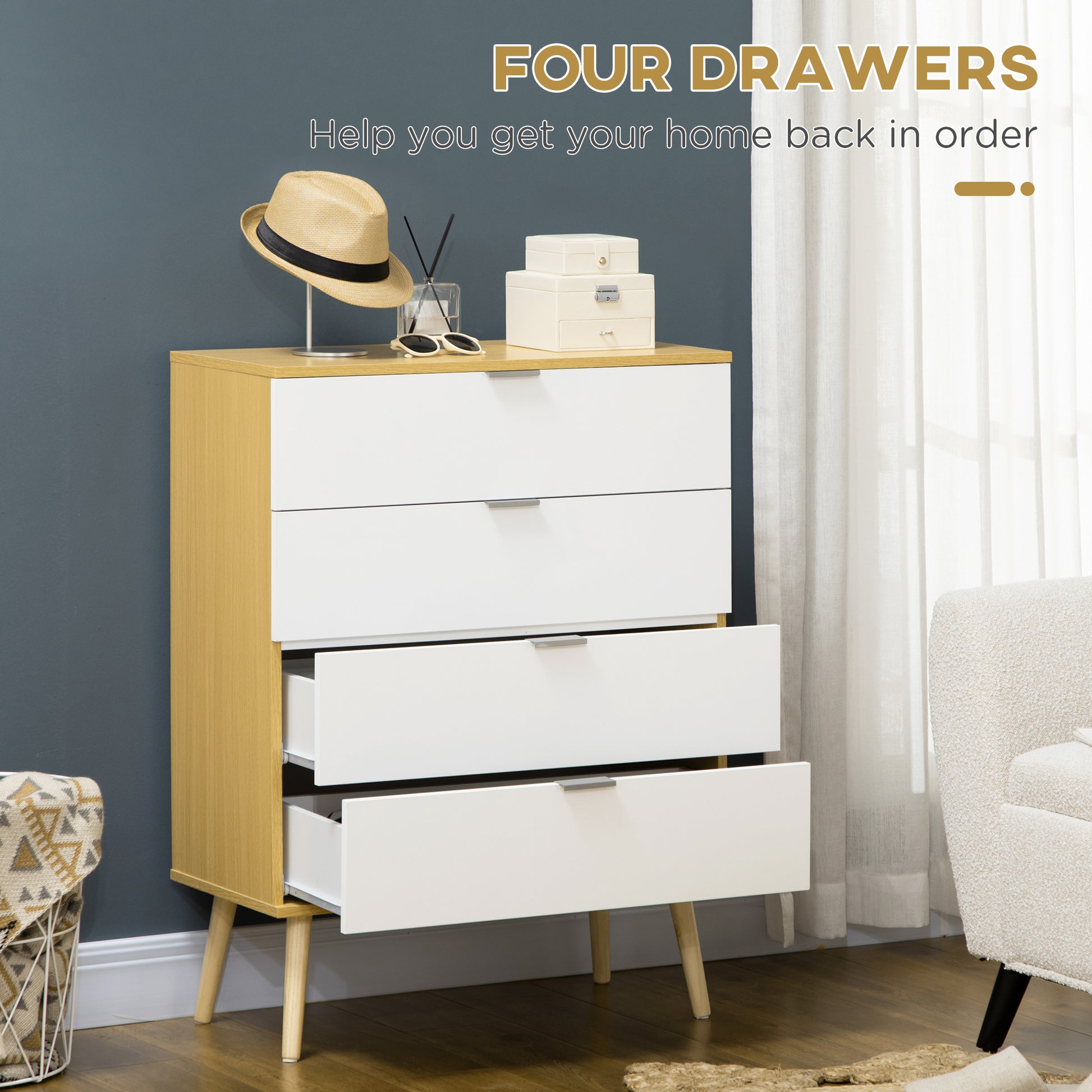 HOMCOM Chest of Drawers, 4-Drawer Storage Organiser Unit with Pine Wood Legs for Bedroom, Living Room, White and Natural