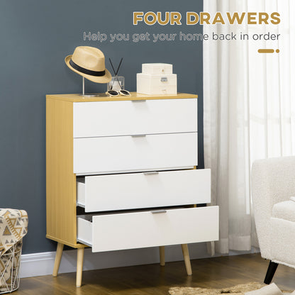 HOMCOM Chest of Drawers, 4-Drawer Storage Organiser Unit with Pine Wood Legs for Bedroom, Living Room, White and Natural