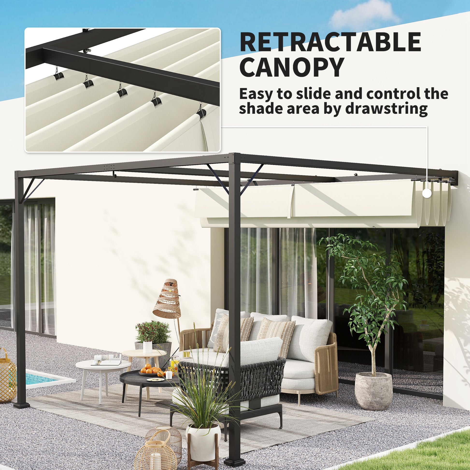 Outsunny 3 x 3(m) Outdoor Pergola with Retractable Canopy -Cream White