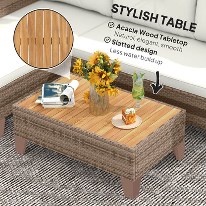 Outsunny 3 Pieces Rattan Garden Furniture Set, L Shaped Garden Conversation Chaise Lounge Furniture with Wood Top Coffee Table and Thick Cushions, Cream