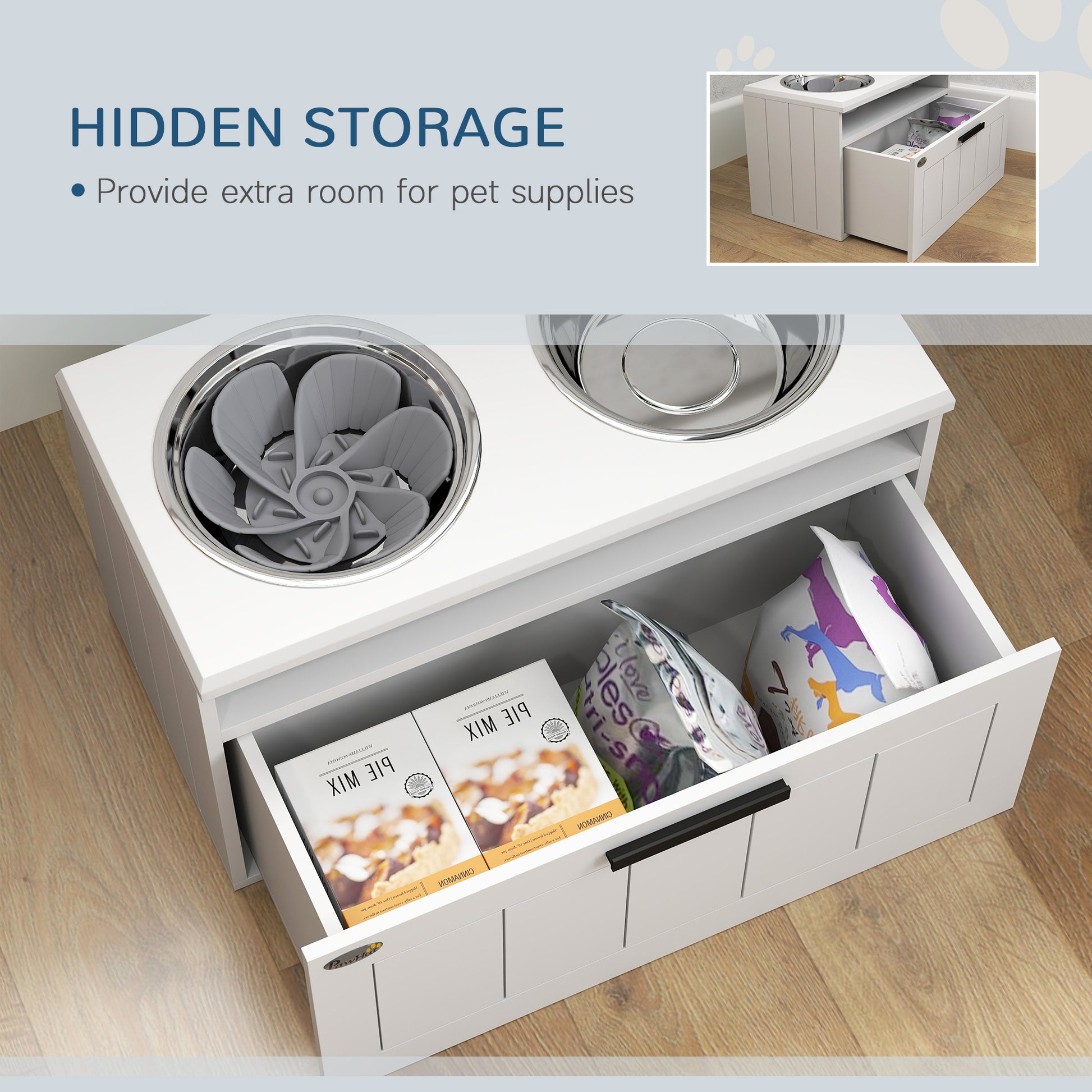 PawHut Raised Dog Bowl with Slow Feeder, Two Stainless Steel Dog Bowls, Drawer, for Large and Extra Large Dogs, White