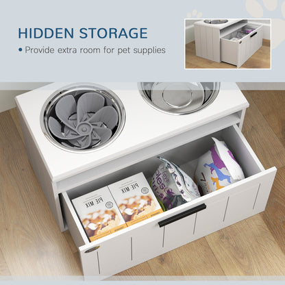 PawHut Raised Dog Bowl with Slow Feeder, Two Stainless Steel Dog Bowls, Drawer, for Large and Extra Large Dogs, White