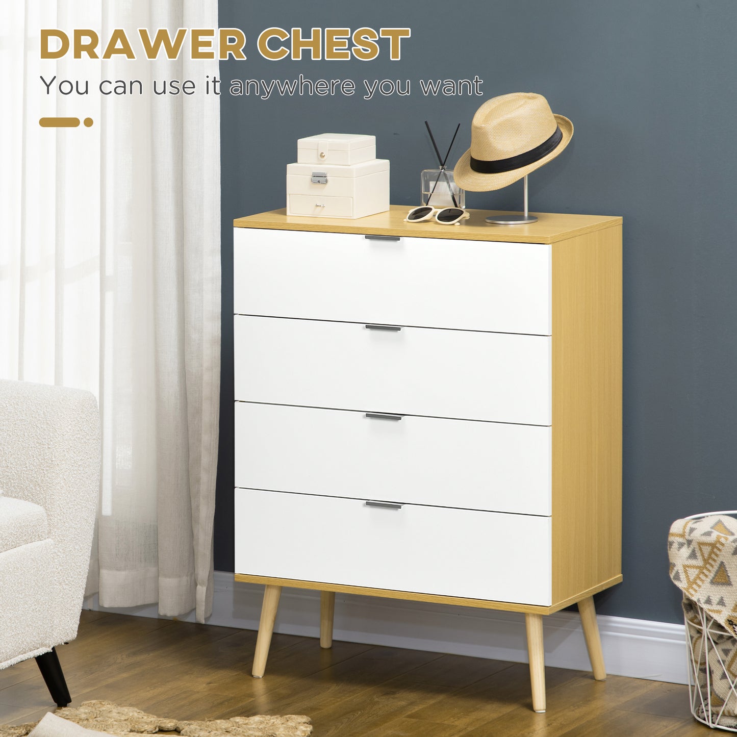 HOMCOM Chest of Drawers, 4-Drawer Storage Organiser Unit with Pine Wood Legs for Bedroom, Living Room, White and Natural