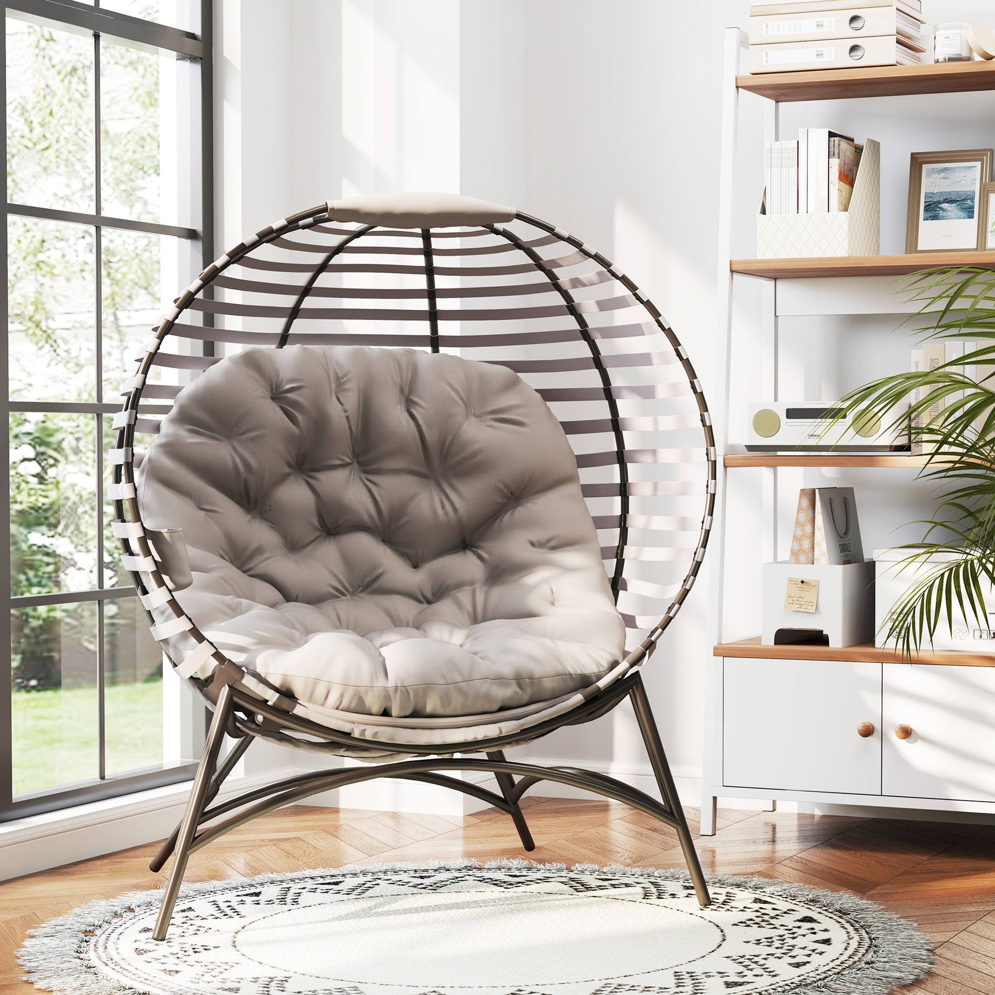 Outsunny Egg Chair with Cushion & Side Pocket - Light Grey