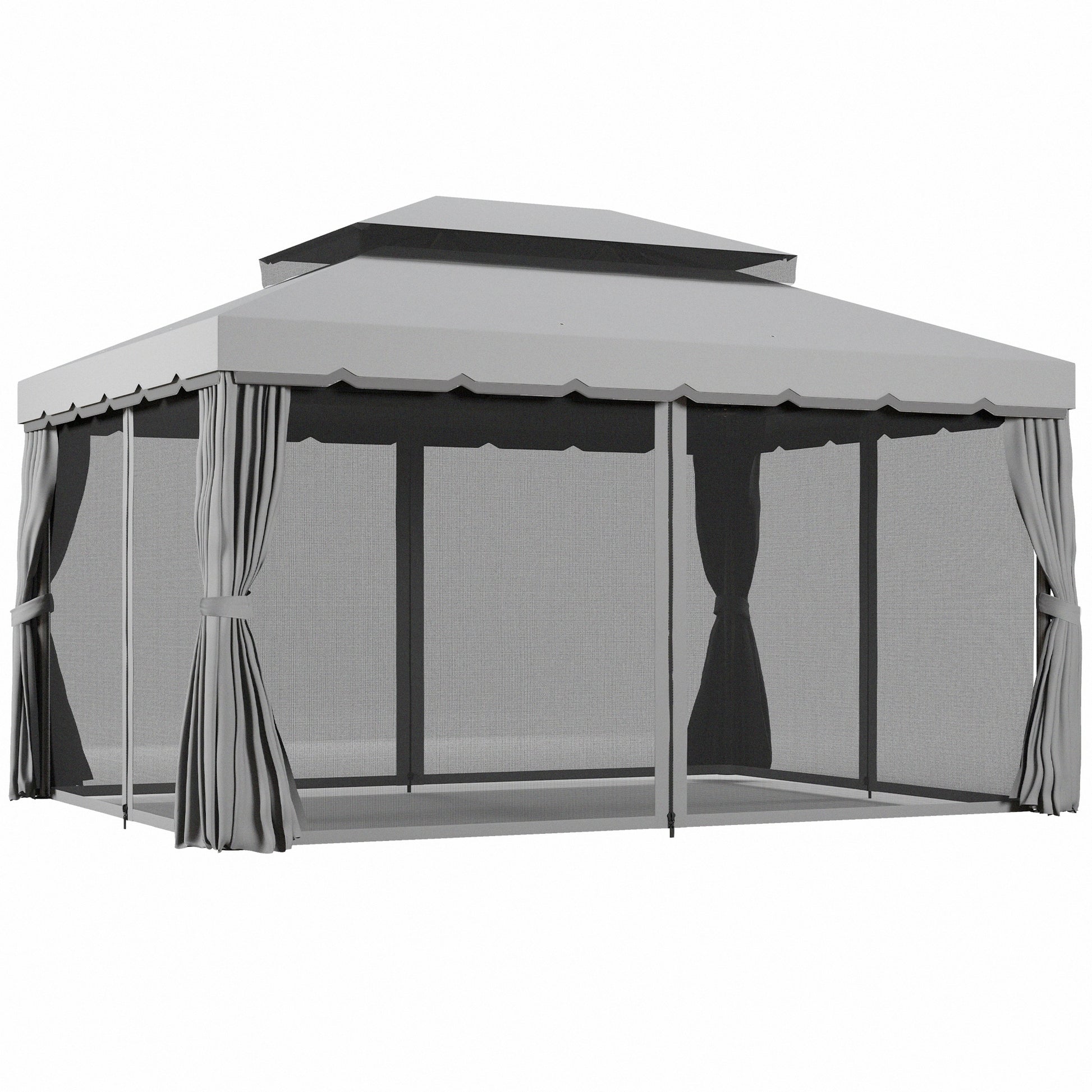 Outsunny 3 x 4m Aluminium Garden Gazebo, Marquee Canopy Shelter Pavilion Party Tent with Nets and Curtains for Garden and Deck, Light Grey