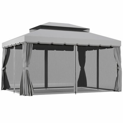 Outsunny 3 x 4m Aluminium Garden Gazebo, Marquee Canopy Shelter Pavilion Party Tent with Nets and Curtains for Garden and Deck, Light Grey