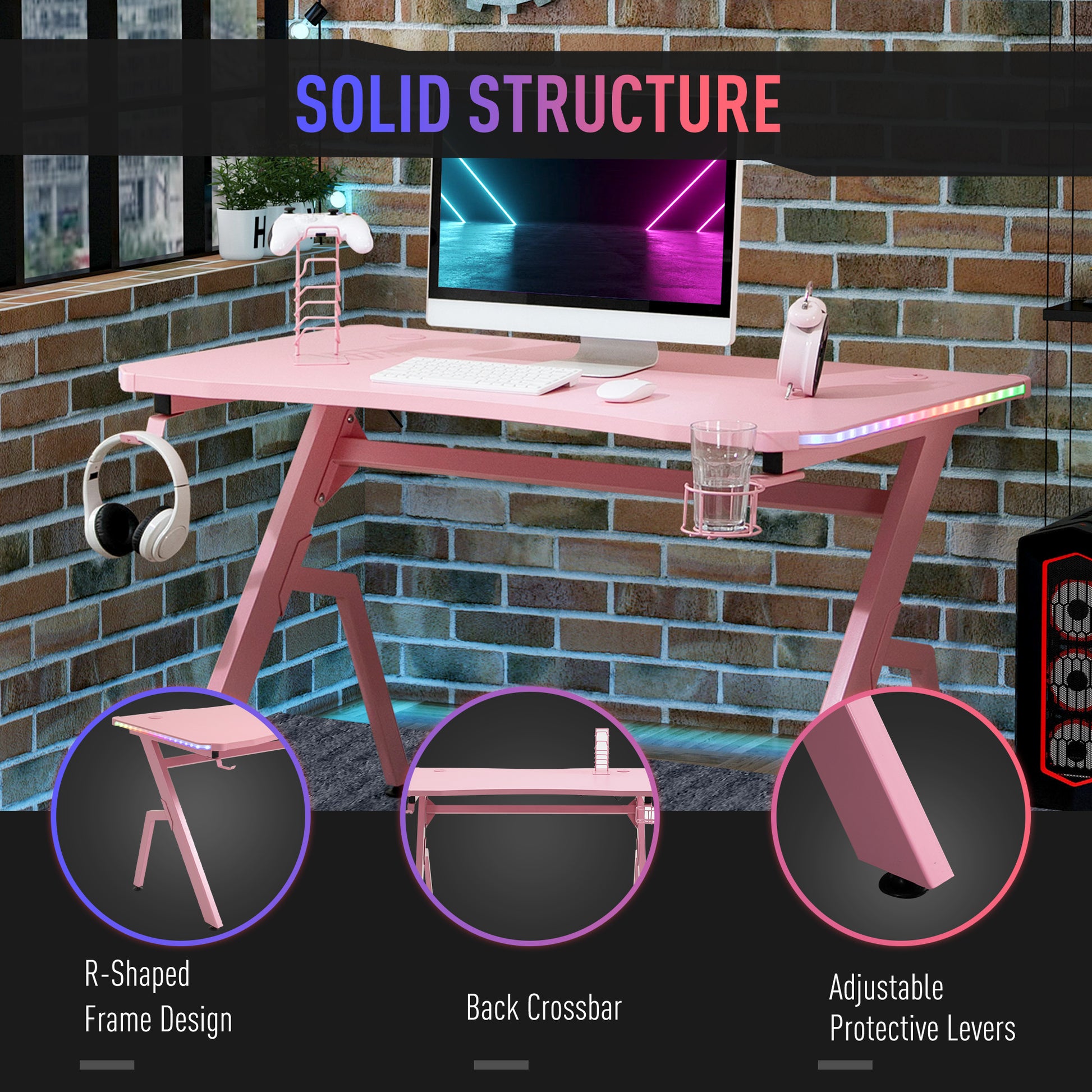 HOMCOM Gaming Desk Racing Style Home Office Ergonomic Computer Table Workstation with RGB LED Lights, Controller Rack & Cable Management, Pink