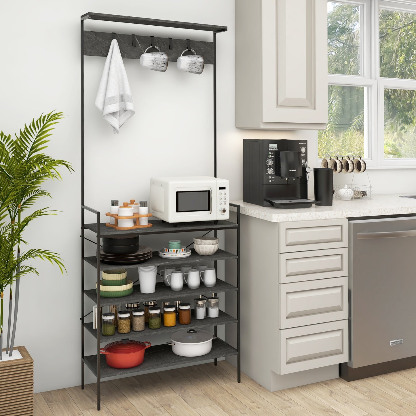 HOMCOM Kitchen Bakers Rack, Microwave Stand, Coffee Bar with 5 Shelves and 5 Hooks for Dining Room, Shoe Racks for Entryway