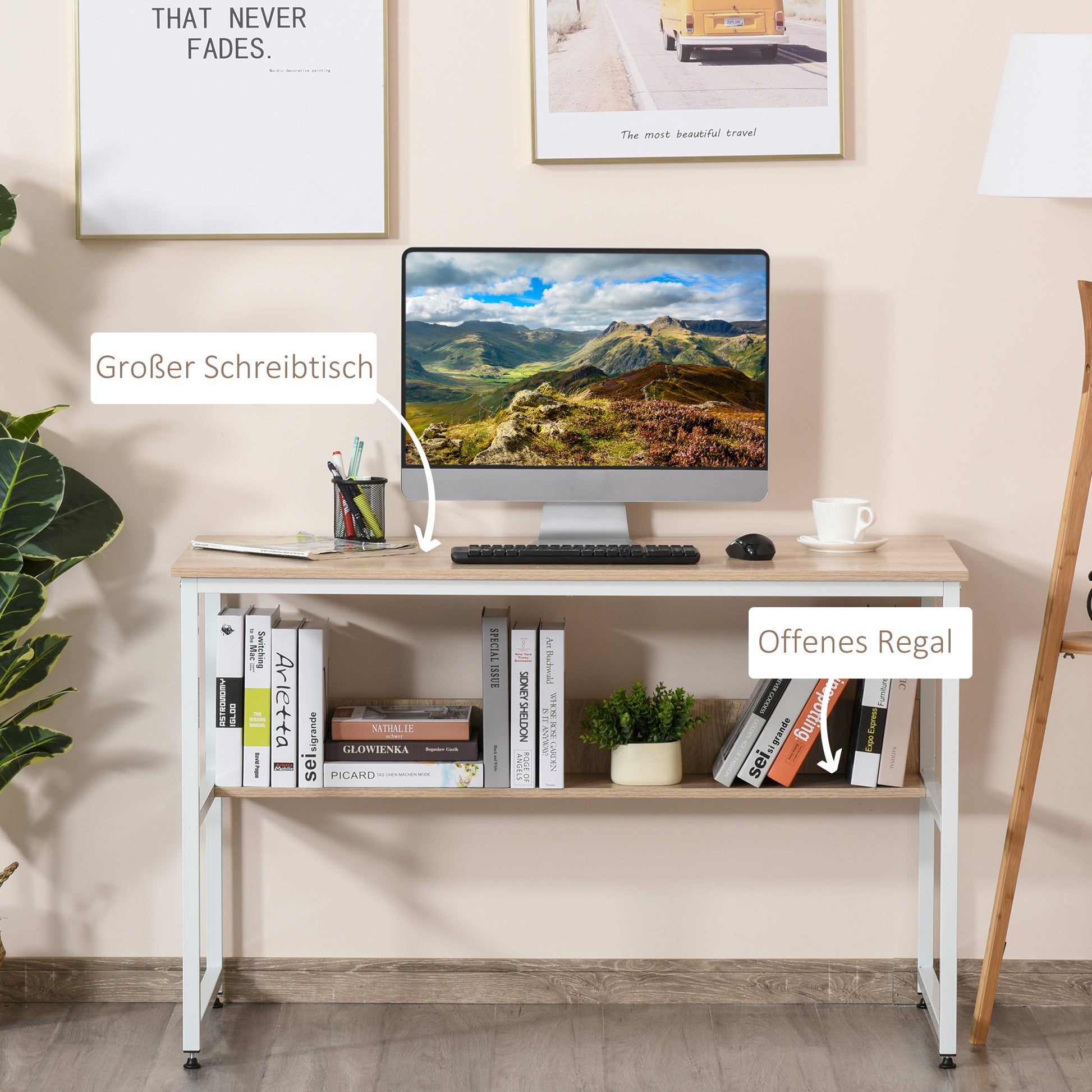 HOMCOM Computer Desk w/ Storage Shelf Adjustable Feet Metal Frame Home Office Laptop Study Writing Workstation Table Oak