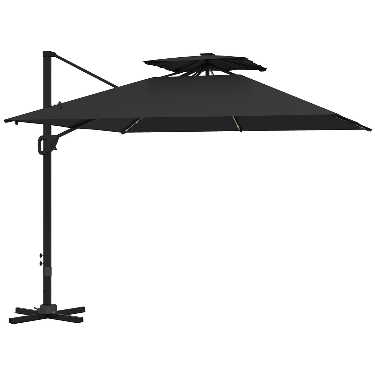 Outsunny 3.5x3 m Garden Cantilever Parasol with Solar LED Lights and Centre Light, UPF50+ Aluminium Patio Umbrella with 360° Rotation and Tilt, Hanging Sun Shade with Cross Base, Crank Handle, Black