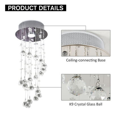 HOMCOM Metal Crystal Ceiling Light Chandelier Elegant Pendant Lamp Living Room Stairway Stairway Spiral Rain Drop Pendant Lamp Silver