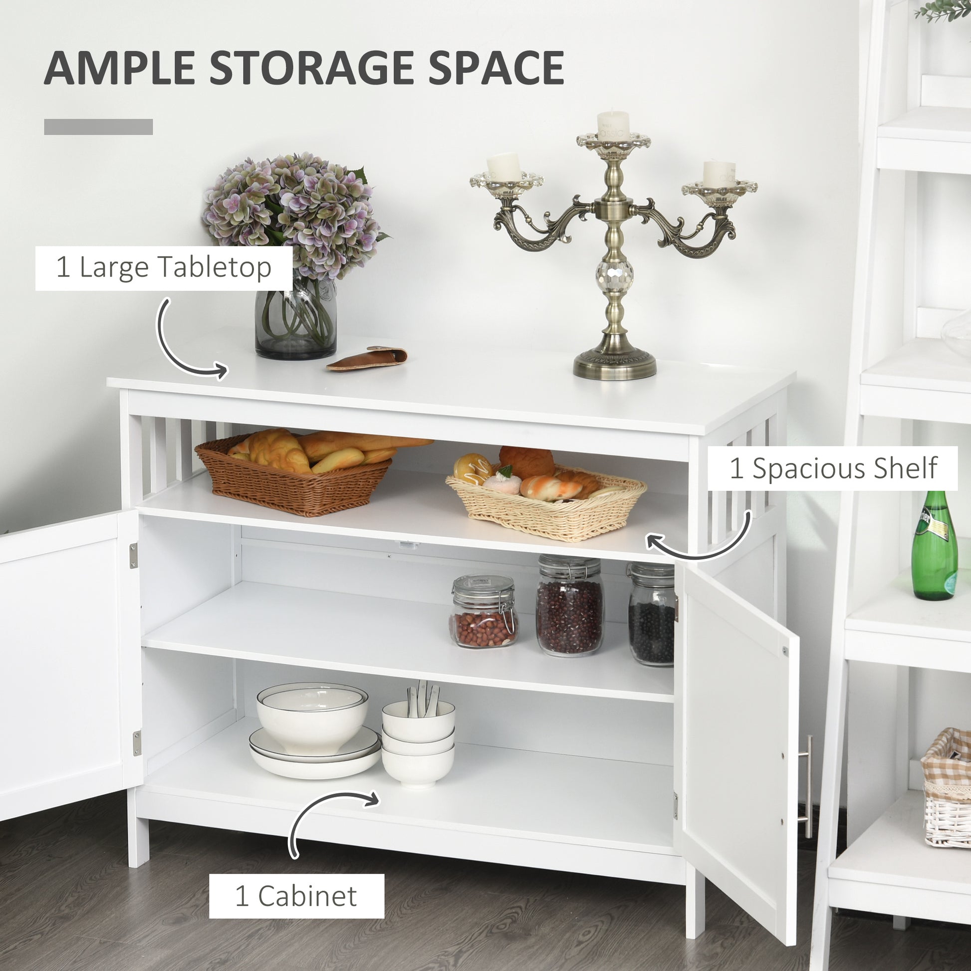 HOMCOM Kitchen Console Table/Buffet Sideboard/Wooden Storage Table with 2-Level Cabinet and Open Shelf, White