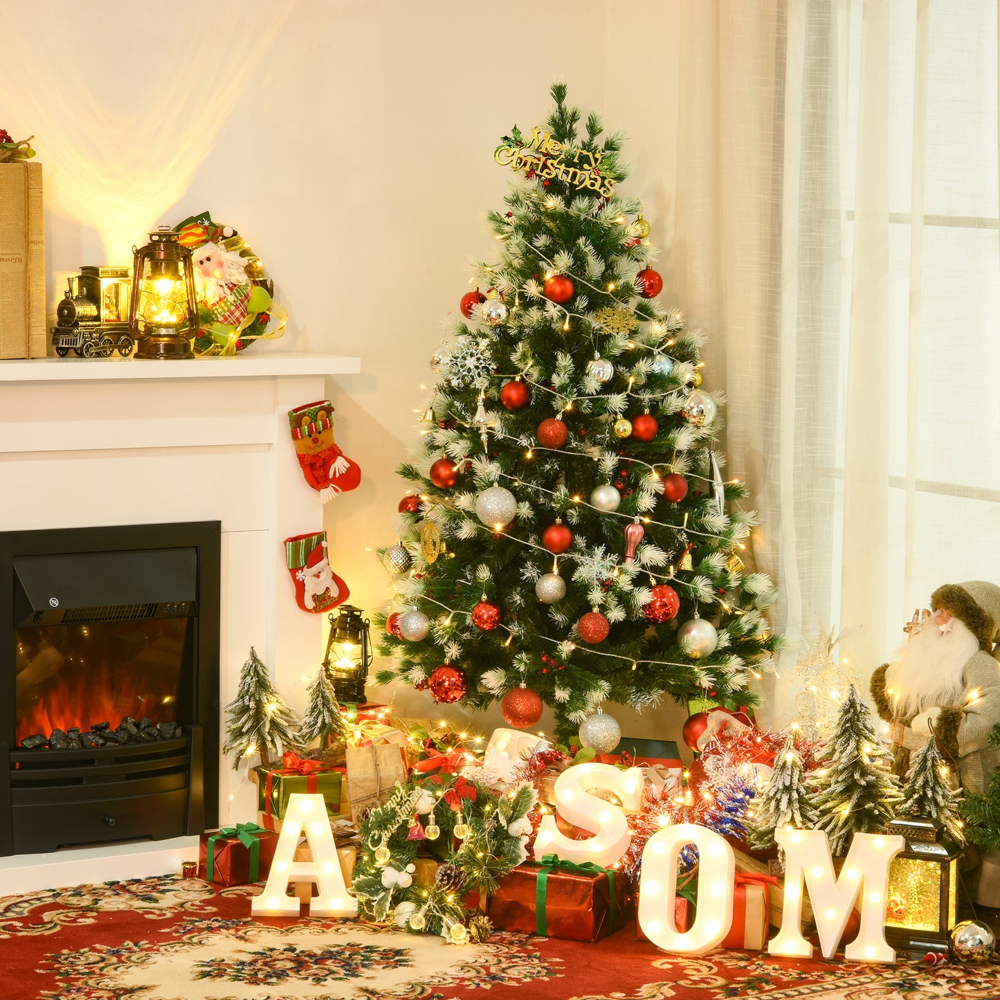 HOMCOM 5ft Artificial Snow-Flocked Pine Tree Holiday Home Christmas Decoration with Red Berries - Green