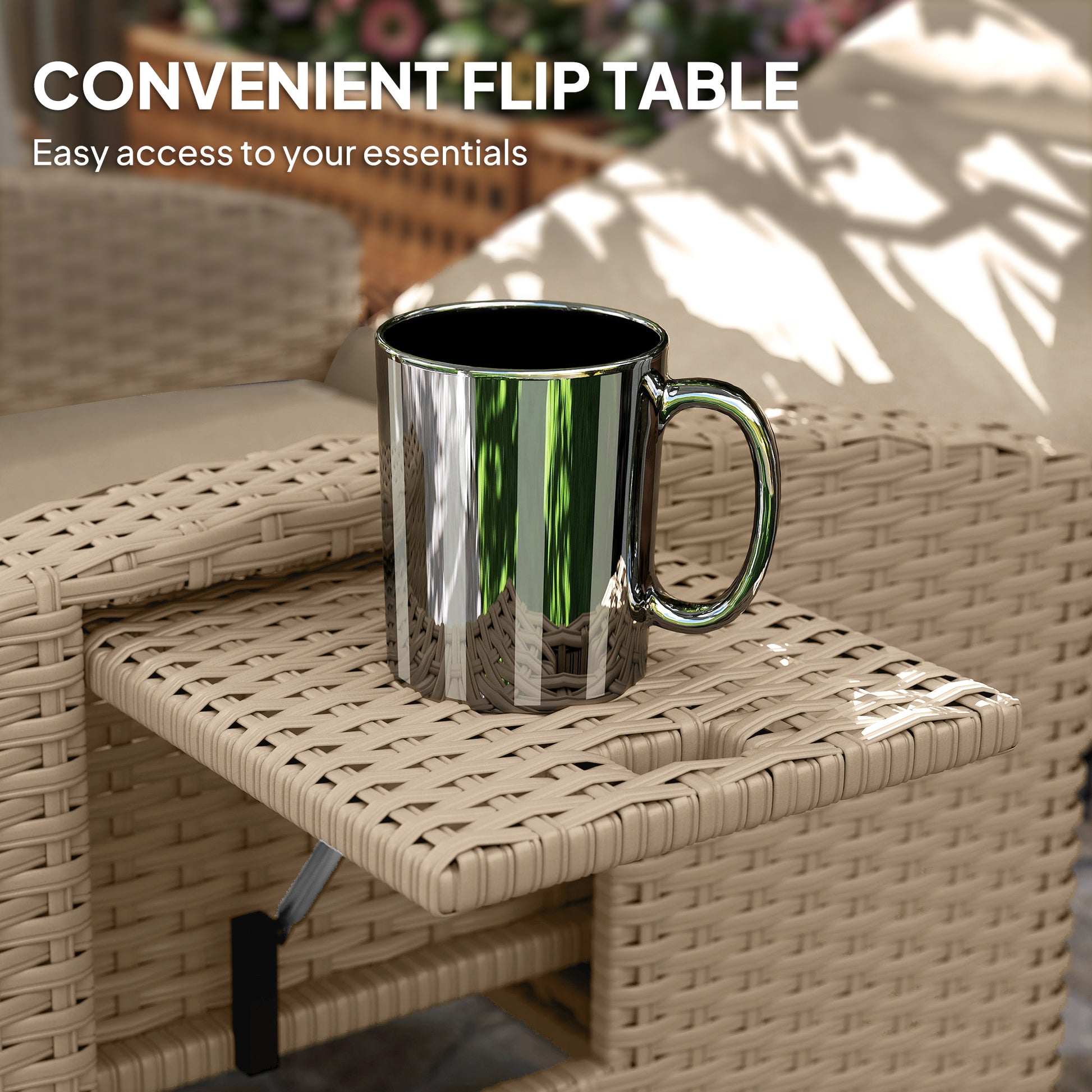 Outsunny 145° Reclining Rattan Armchair, with Footrest - Khaki/Beige