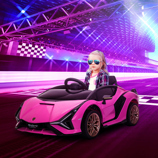 HOMCOM Compatible 12V Battery-powered Kids Electric Ride On Car Lamborghini SIAN Toy with Parental Remote Control Lights MP3 for 3-5 Years Old Pink