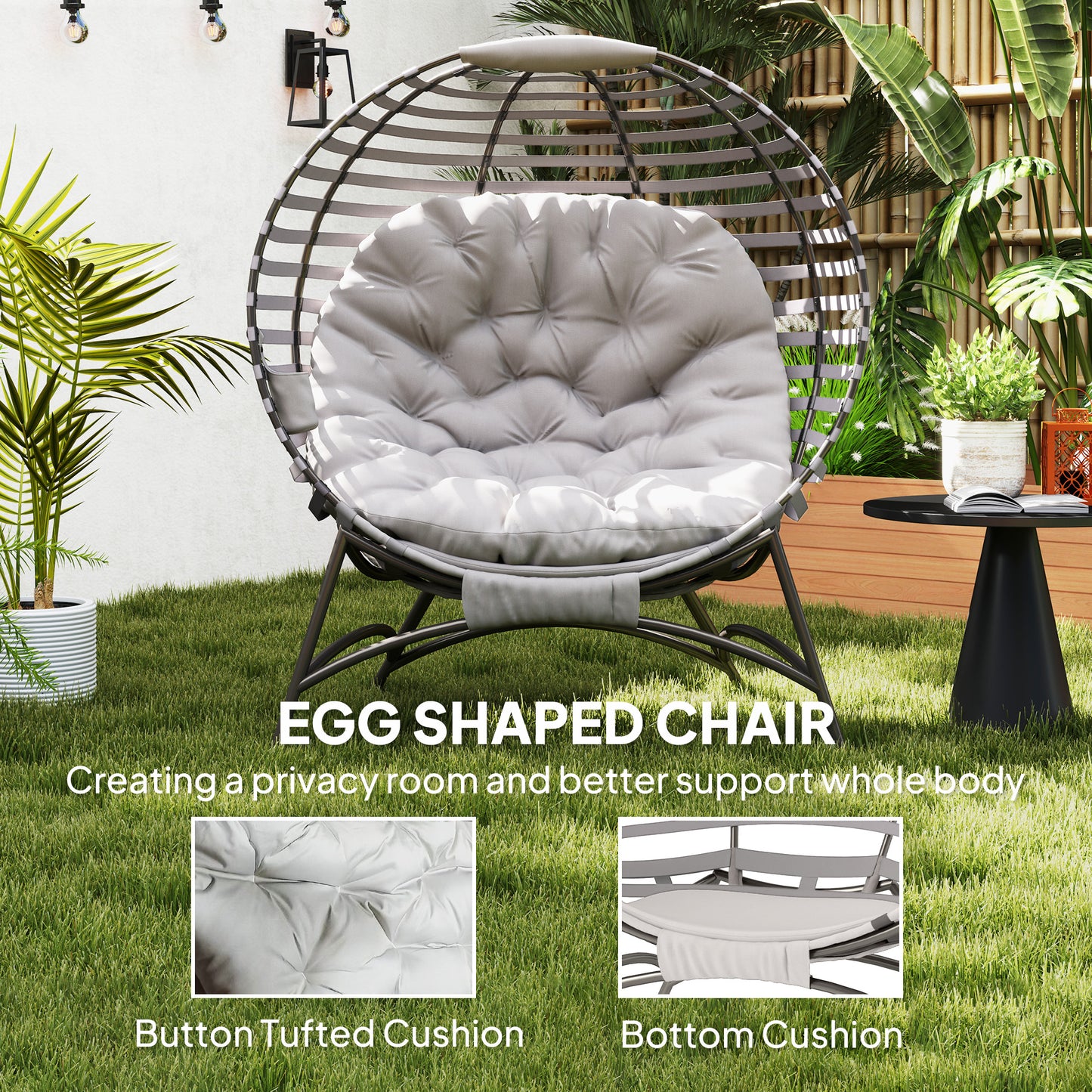 Outsunny Egg Chair with Cushion & Side Pocket - Light Grey