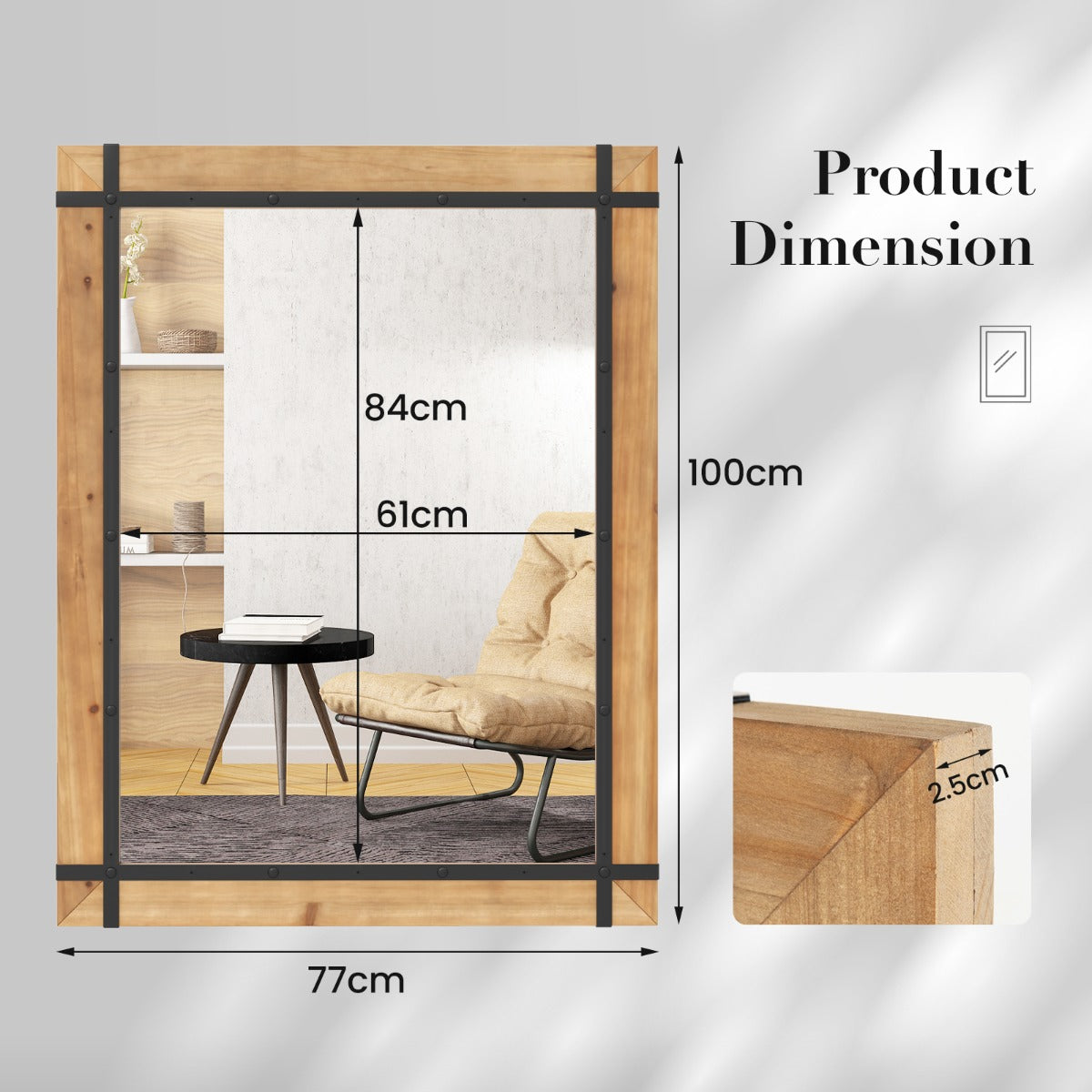 Decorative Wall Mirror with Fir Wood Frame and Farmhouse Finish-Natural