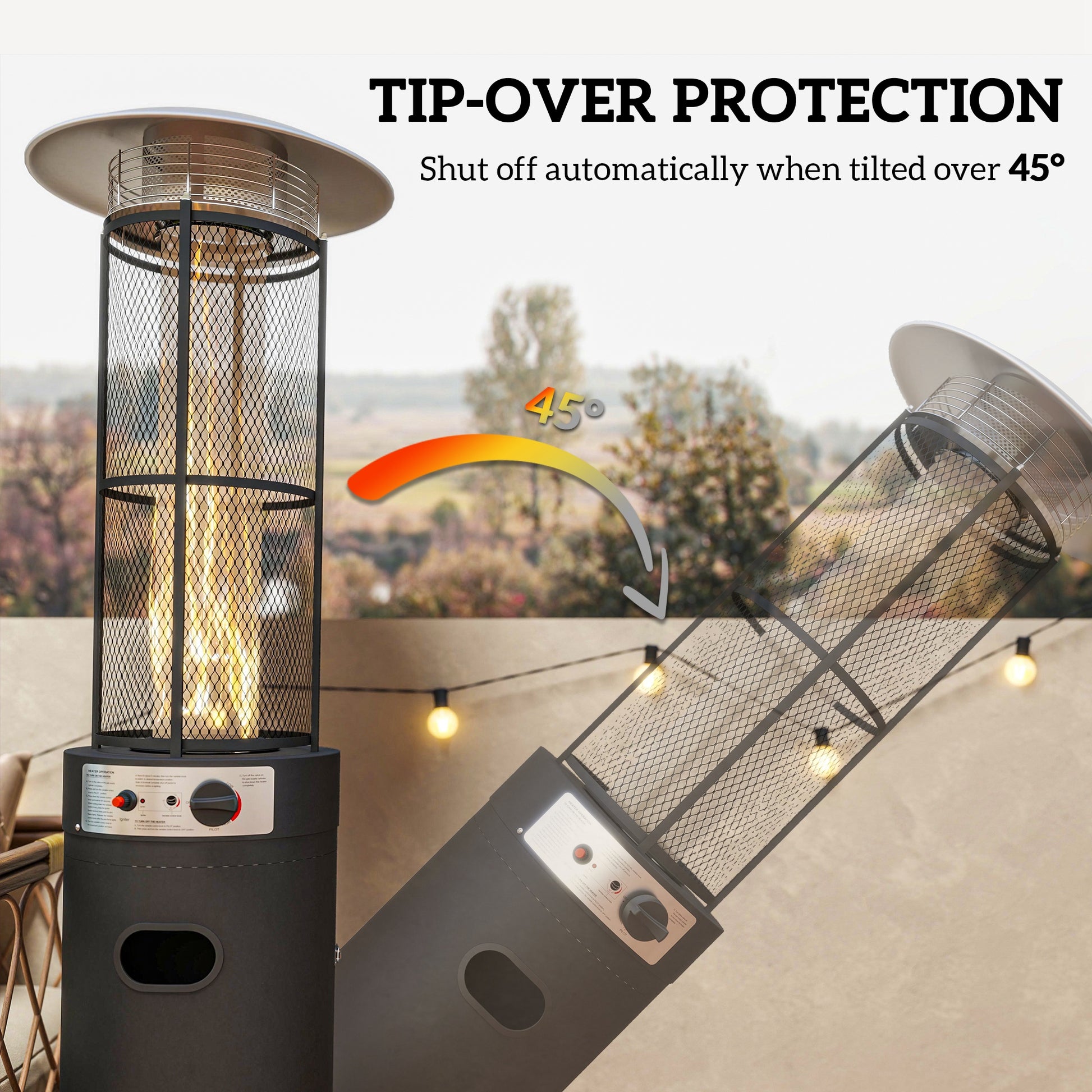 Outsunny 11 KW Freestanding Gas Patio Heater, Adjustable Outdoor Garden Propane Heater with Tip-Over Switch, Wheels, Pulse Ignition, Tank Room with Openable Door, Black