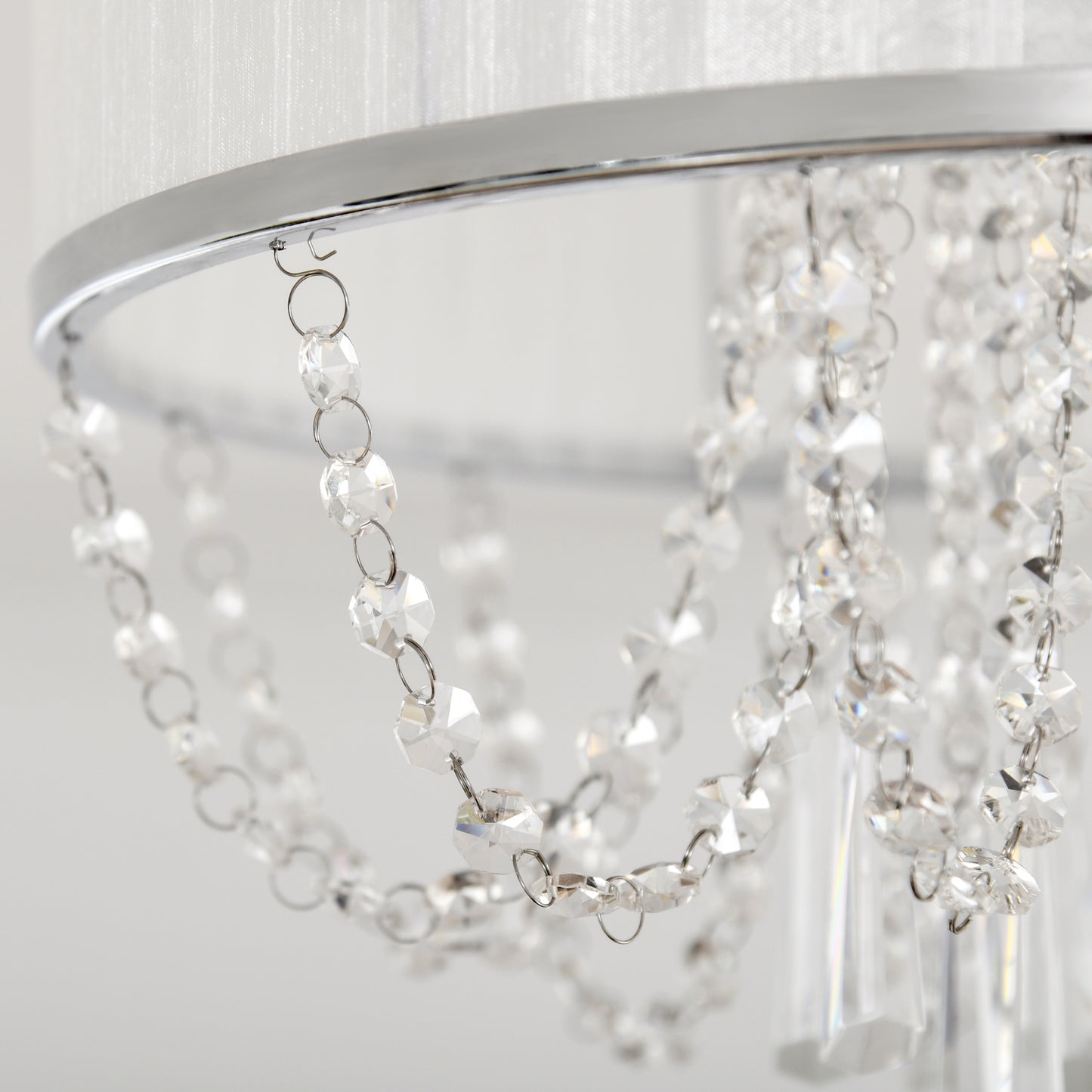 HOMCOM Elegant Metal Ceiling Light Chandelier with Pleated Fabric Lampshade, Decorative Crystal Pendants, for Living Room, Dining Room, Bedroom, White