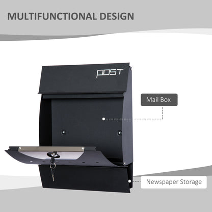 HOMCOM Steel Wall Mounted Mail Box Post Letter Newspaper Holder Outdoor Lockable with Waterproof  Lid -  Black