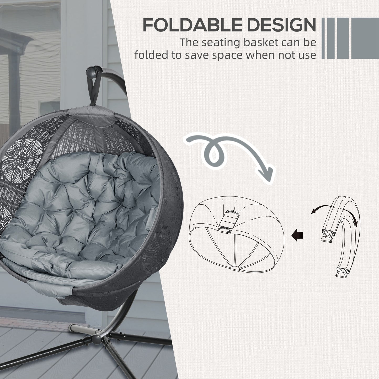 Outsunny Round Egg Basket Chair, with Steel Stand, Charcoal Grey