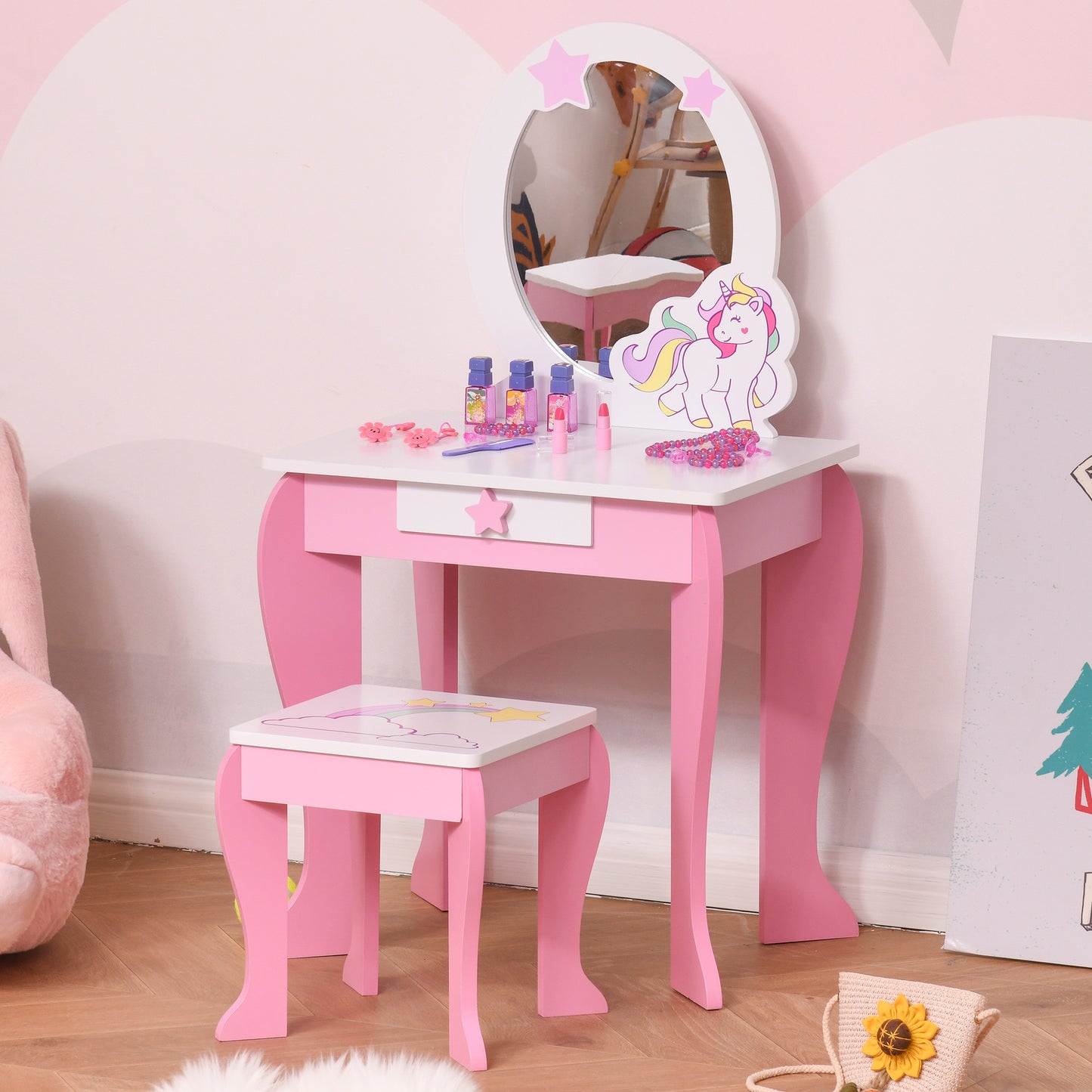 HOMCOM Girls Dressing Table w/ Mirror & Stool, Kids Dressing Table, Unicorn Pretend Play Toy for Toddles Age 3-6 Years, Acrylic Mirror, Pink & White