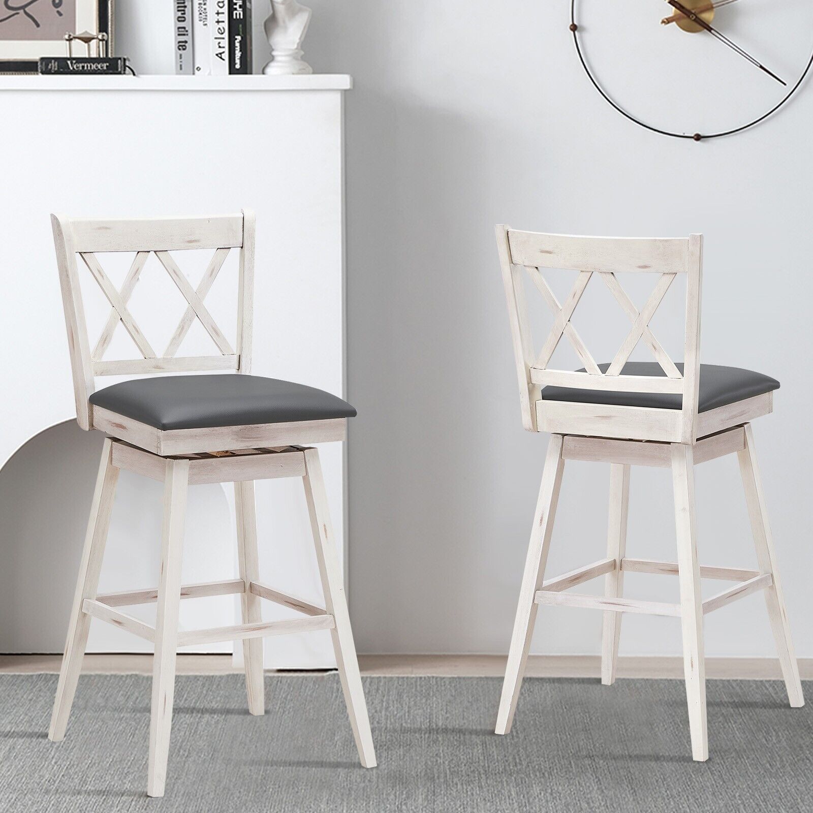 Set of 2 Counter Height Bar Stool with Foot Rest Upholstered Cushion-White