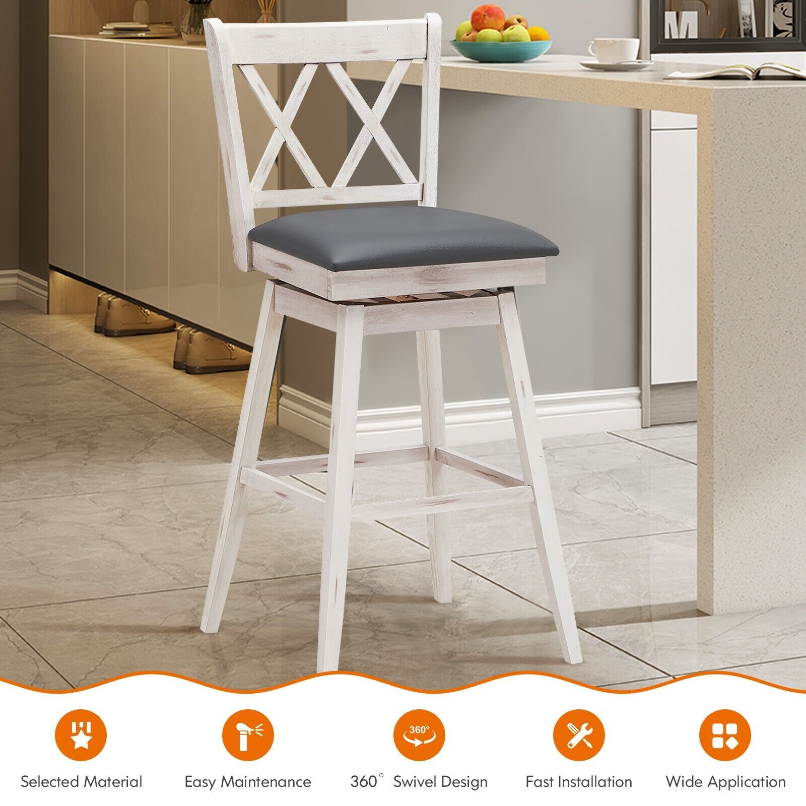 Set of 2 Counter Height Bar Stool with Foot Rest Upholstered Cushion-White