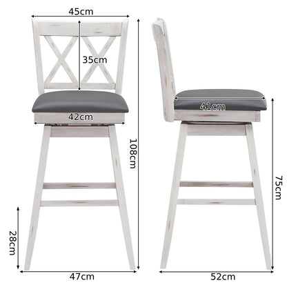 Set of 2 Counter Height Bar Stool with Foot Rest Upholstered Cushion-White