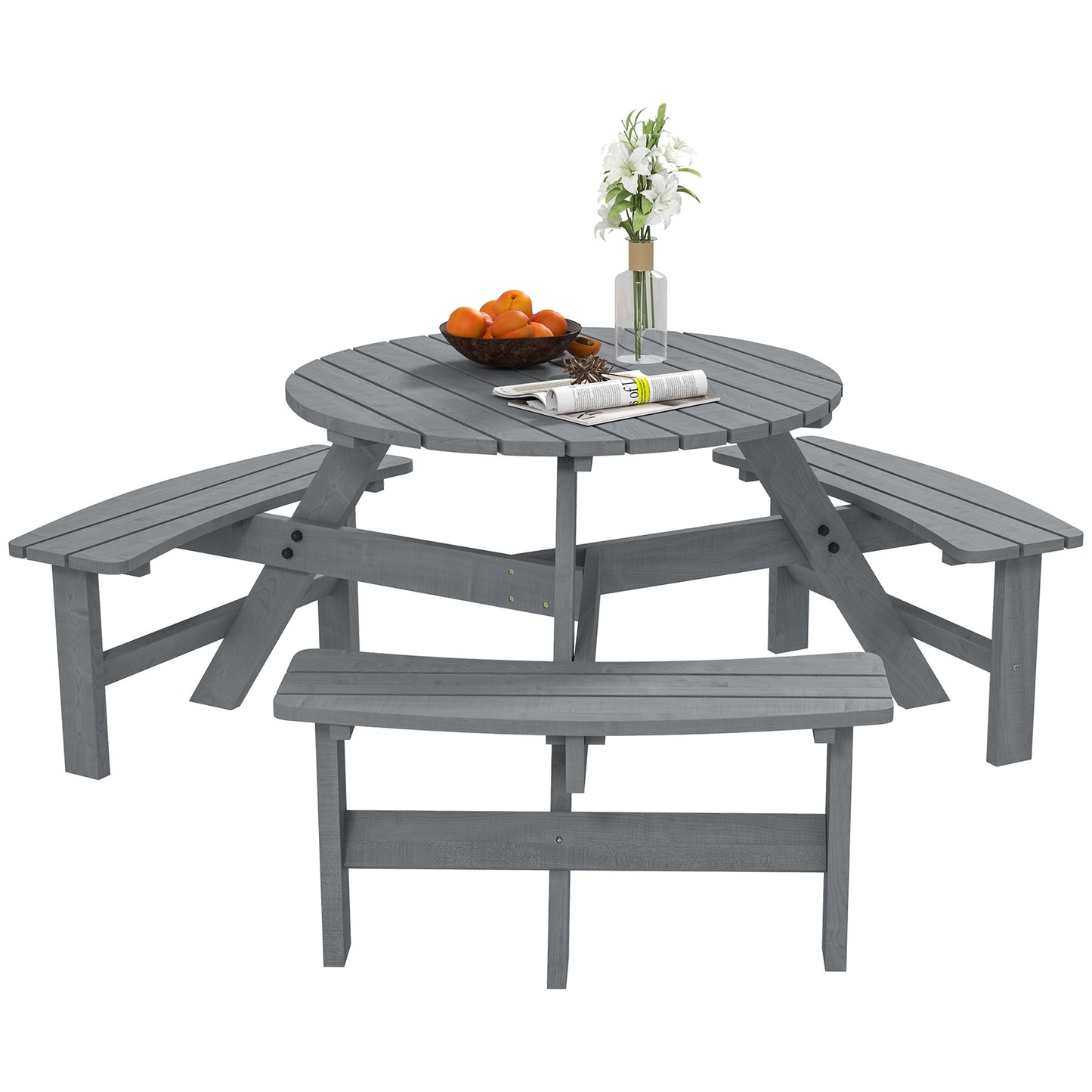 Outsunny 6 Seater Wooden Picnic Table and Garden Benches Set, Round Garden Dining Set with 3 Benches and Umbrella Hole Outdoor Garden Park, Grey