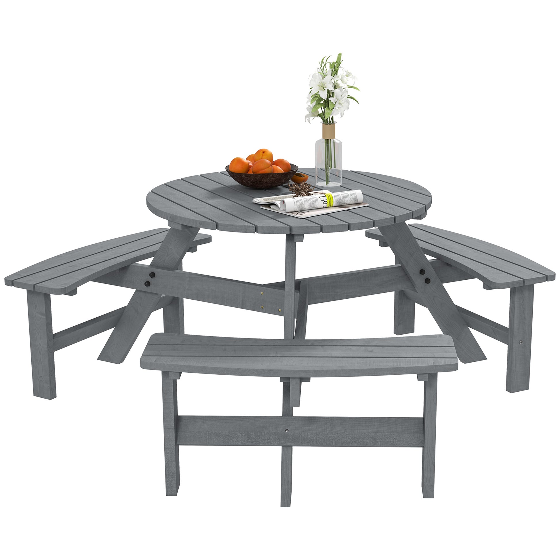 Outsunny 6 Seater Wooden Picnic Table and Garden Benches Set, Round Garden Dining Set with 3 Benches and Umbrella Hole Outdoor Garden Park, Grey