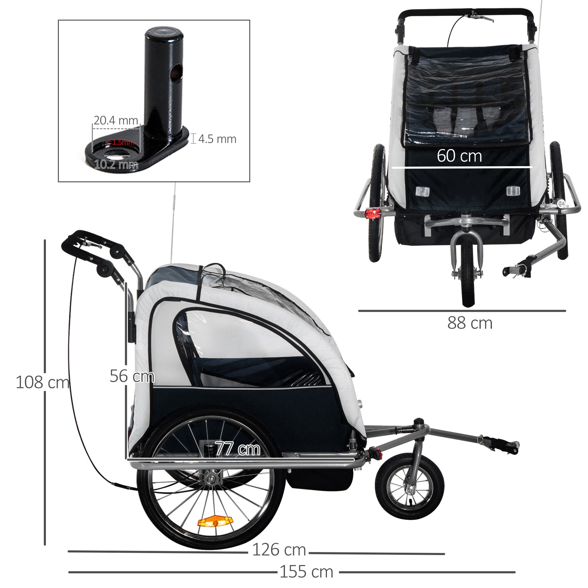 HOMCOM Bike Trailer 2-Seater for Bicycle Baby Child Multifunctional Carrier in Steel Frame (Black and White)