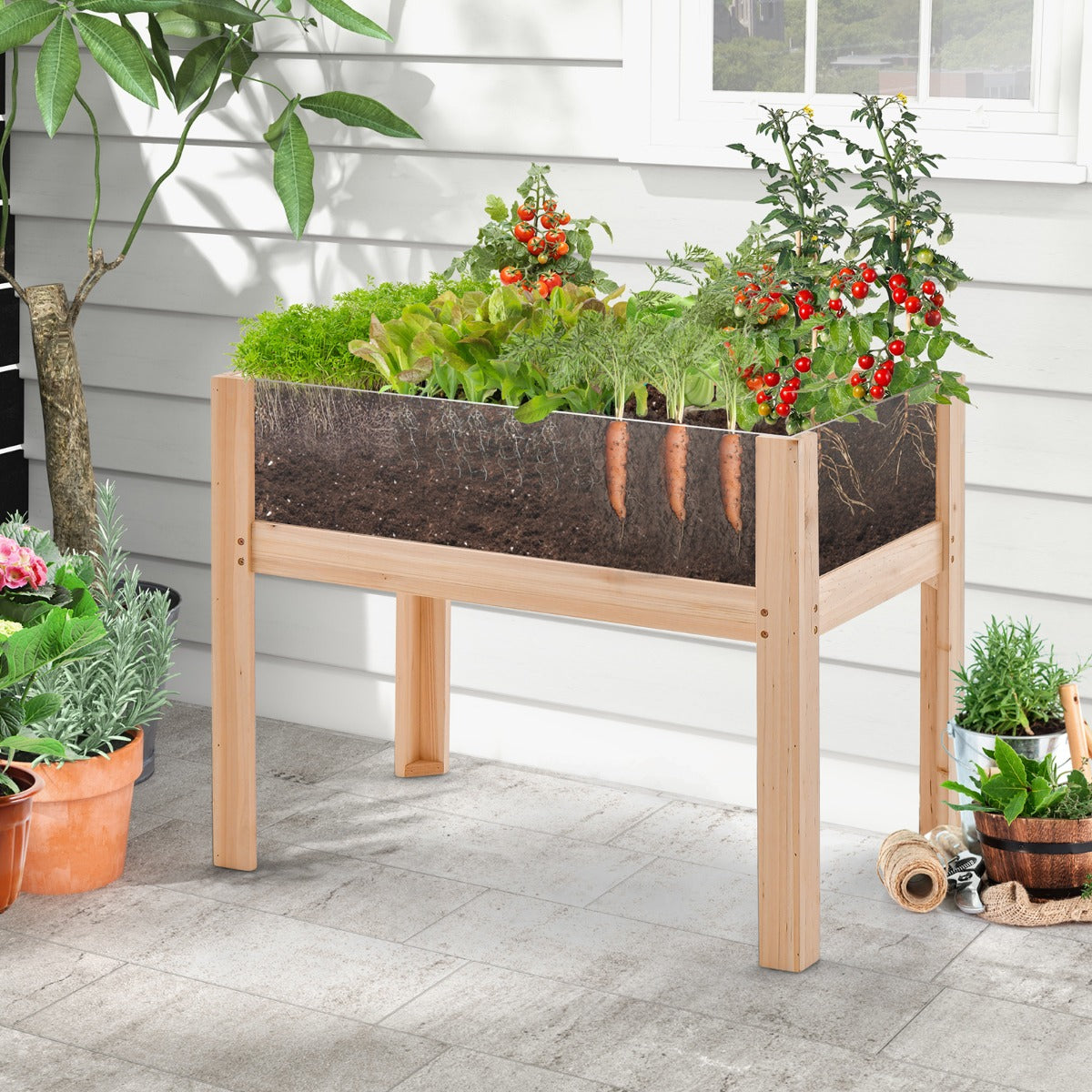Wooden Raised Garden Bed with Drainage Holes and Acrylic Panels-Natural