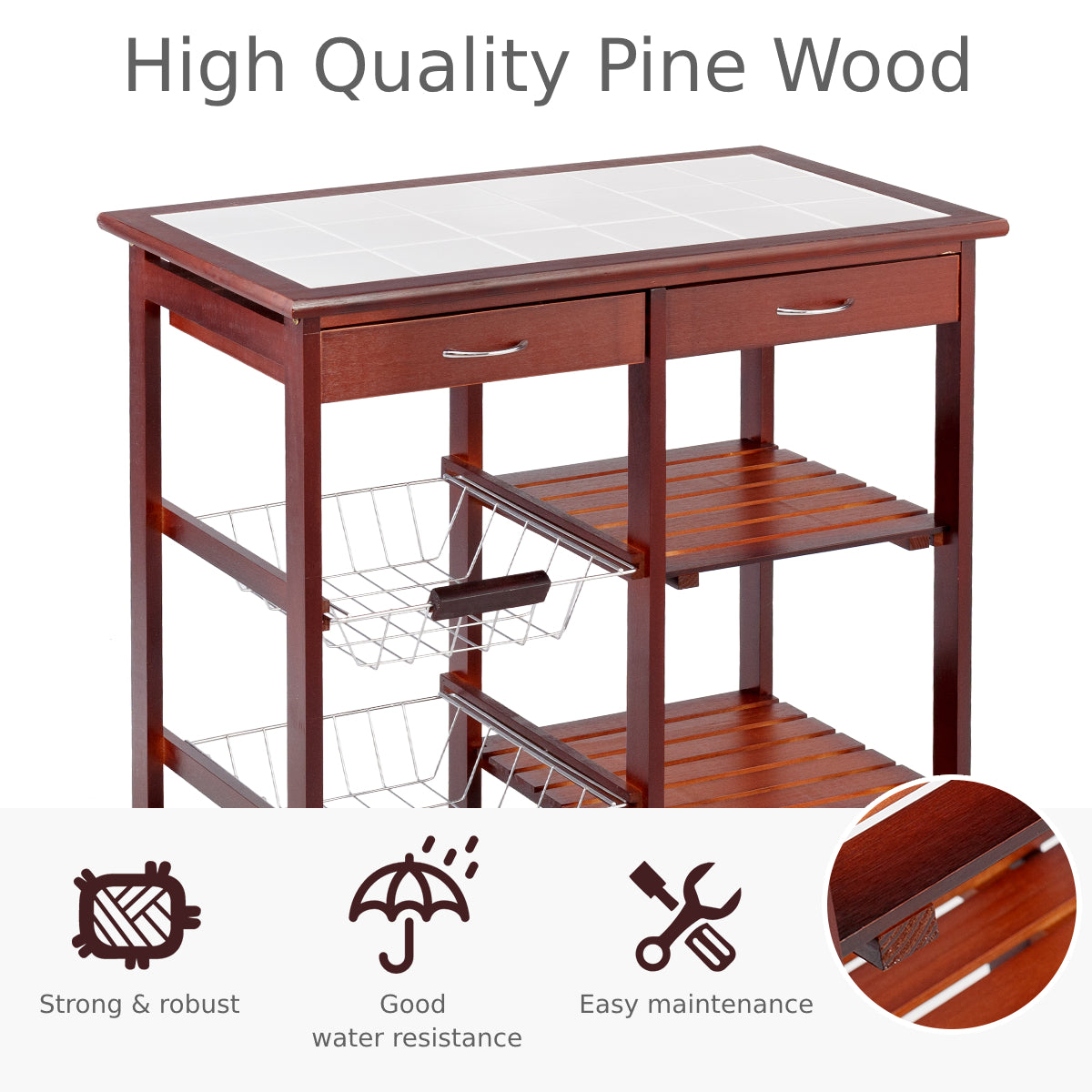 Wooden Rolling Kitchen Cart with Drawers Shelves Wire Baskets Wine Racks-Burgundy