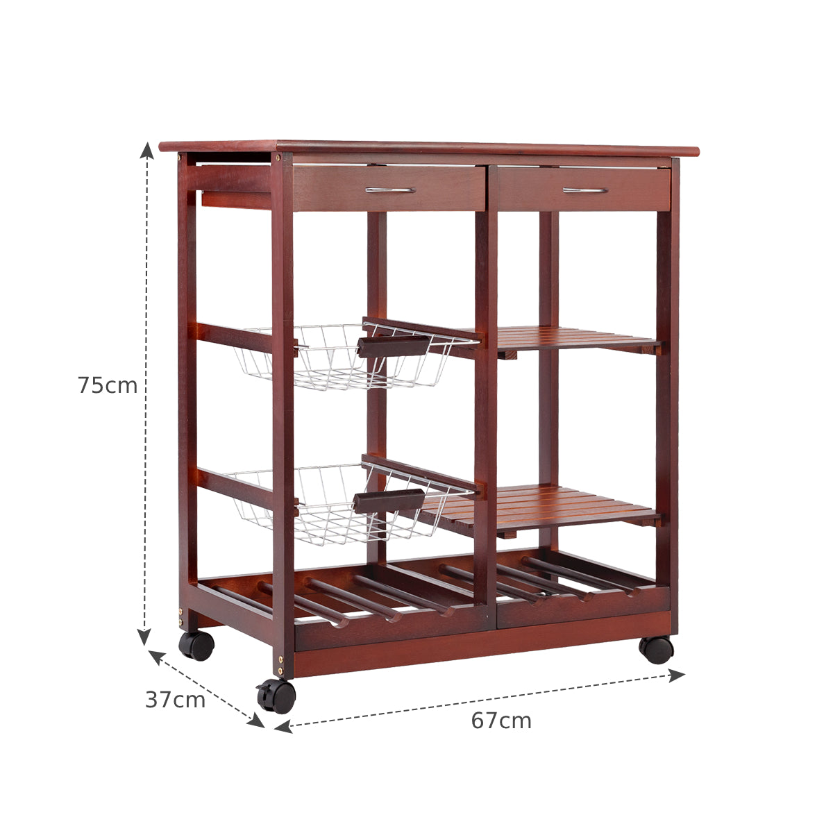 Wooden Rolling Kitchen Cart with Drawers Shelves Wire Baskets Wine Racks-Burgundy