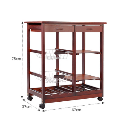 Wooden Rolling Kitchen Cart with Drawers Shelves Wire Baskets Wine Racks-Burgundy