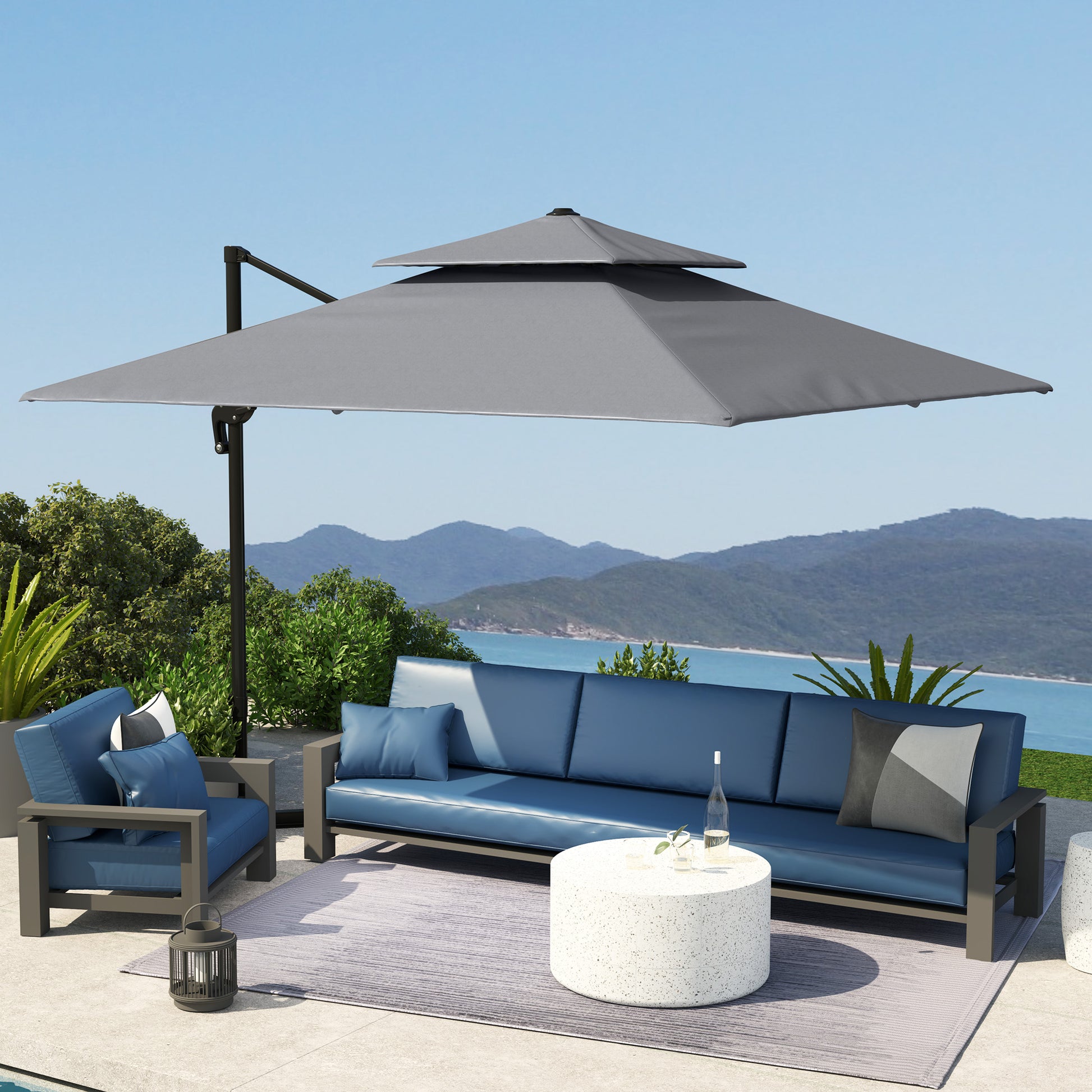 Outsunny 3 x 3(m) Cantilever Parasol with Aluminium Frame, Crank and Tilt, 360-Degree Rotation, Double Top Garden Umbrella with Base and Cover, Light Grey