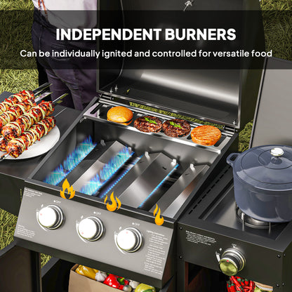 Outsunny 3+1 Burner Gas BBQ Grill with Storage Cabinet and Shelves, 9.5 kW Gas Barbecue Trolley with 6 Castor Wheels, Warming Rack, Thermometer for Outdoor Cooking Garden Party, Black