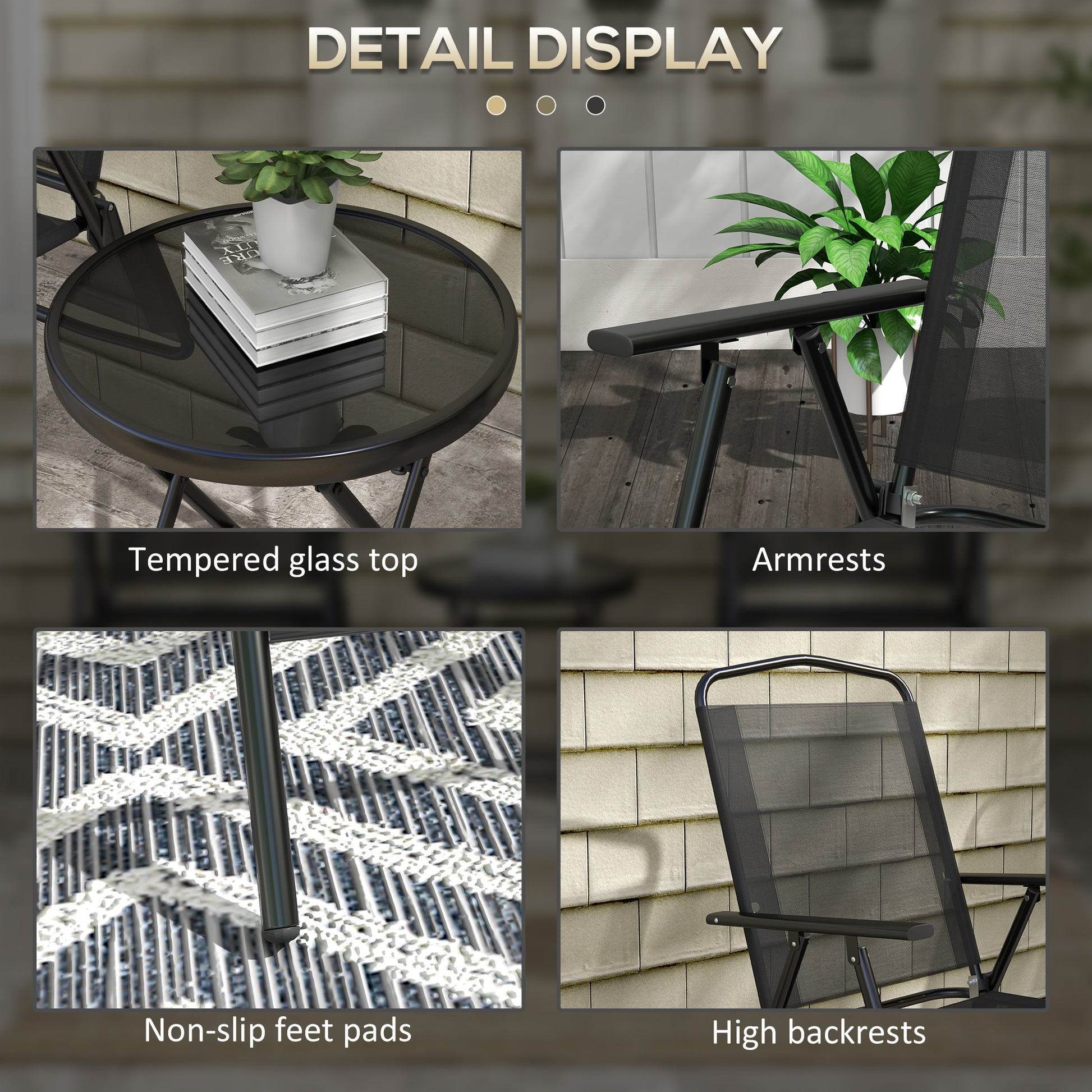 Outsunny Three-Piece Garden Seat Set, with Glass-Top Table - Black