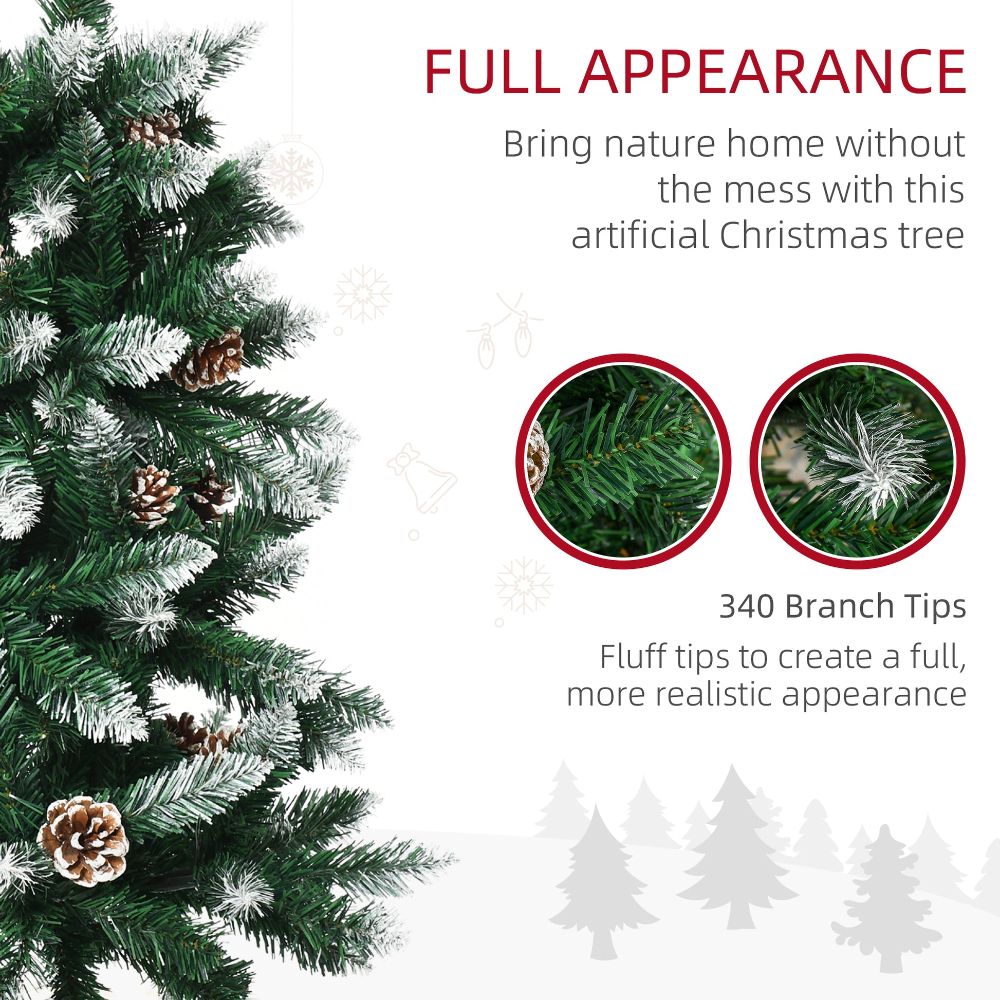 HOMCOM 5 Foot Snow Artificial Christmas Tree with Realistic Branches, Pine Cone, for Indoor Decoration, Green White