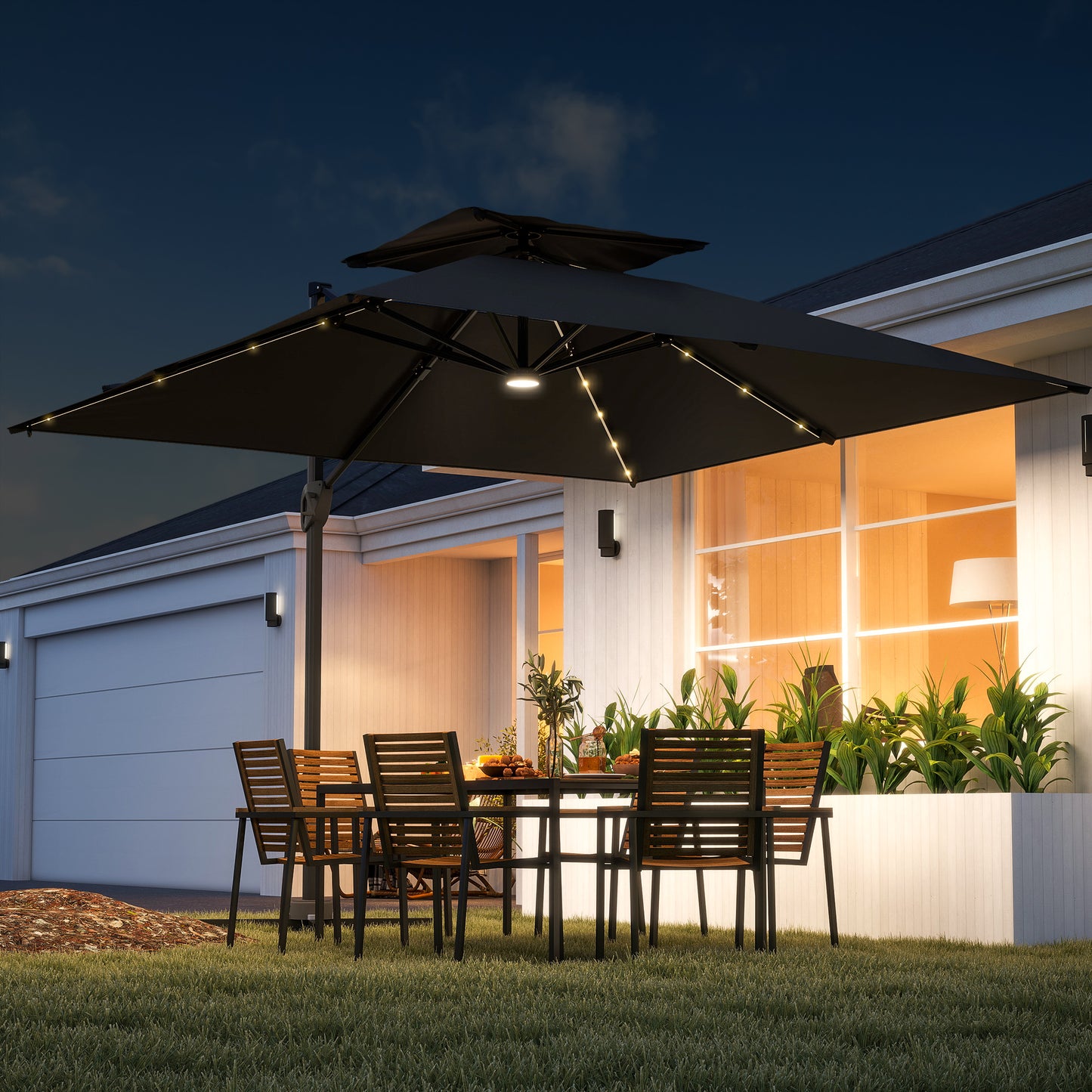 Outsunny 3.5x3 m Garden Cantilever Parasol with Solar LED Lights and Centre Light, UPF50+ Aluminium Patio Umbrella with 360° Rotation and Tilt, Hanging Sun Shade with Cross Base, Crank Handle, Black